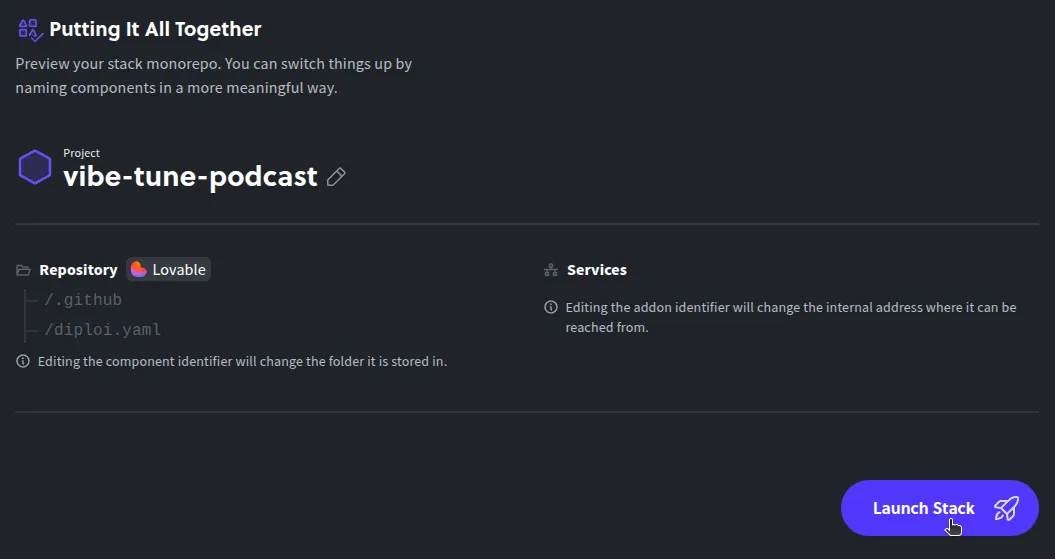 Configuration of Diploi stack if imported repository belongs to the user