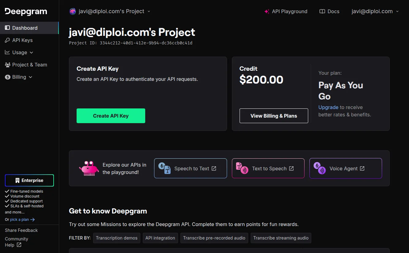 Deepgram dashboard