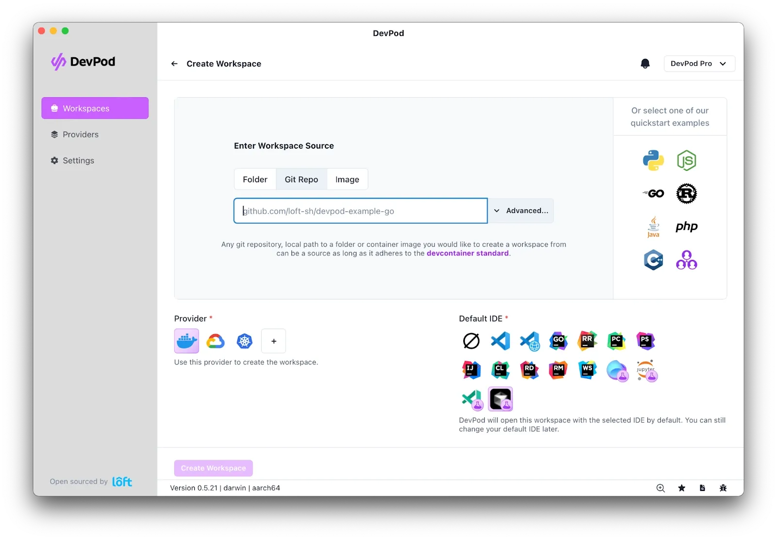 DevPod workspace screenshot