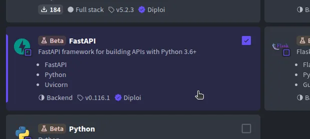 Selecting the FastAPI component