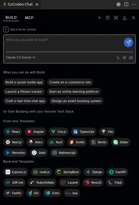 GoCodeo Build interface