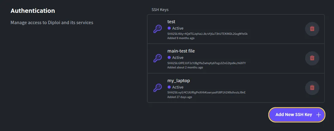 Adding a public key in Diploi