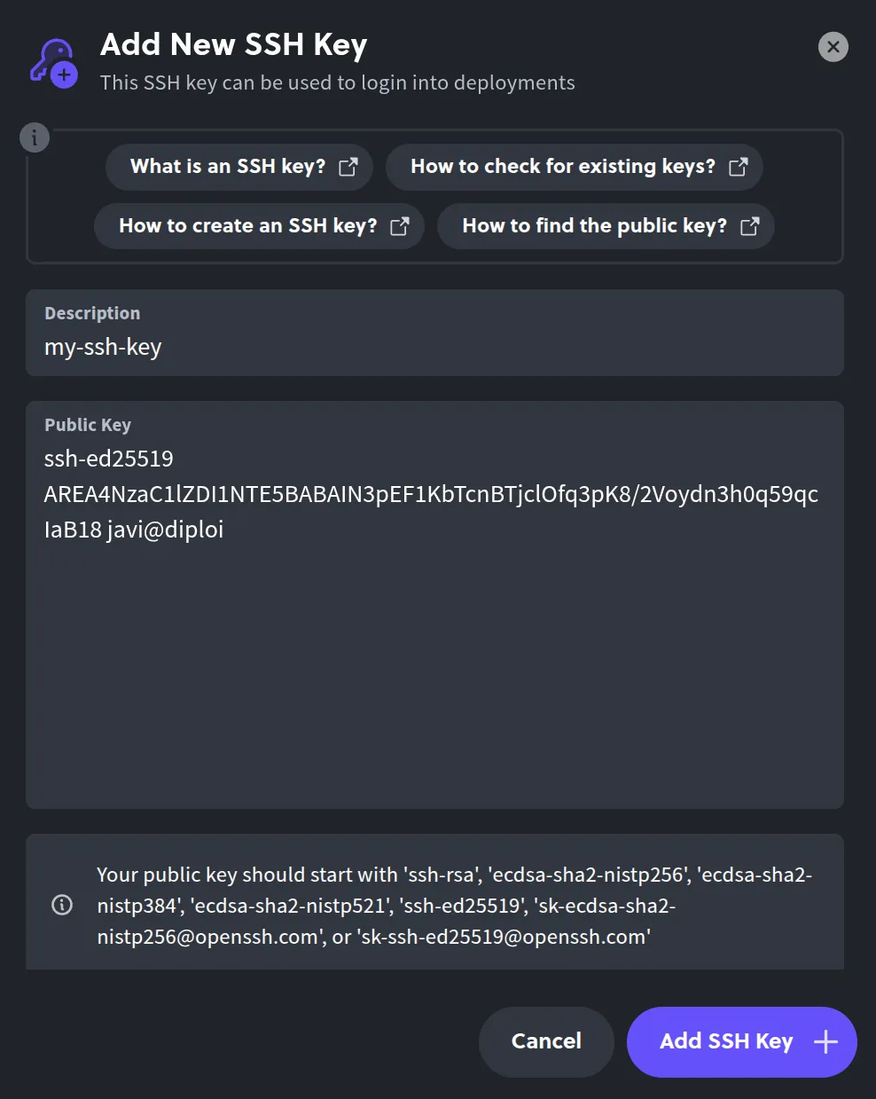 Pasting the public SSH key