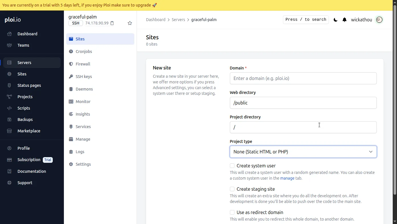 Ploi dashboard screenshot