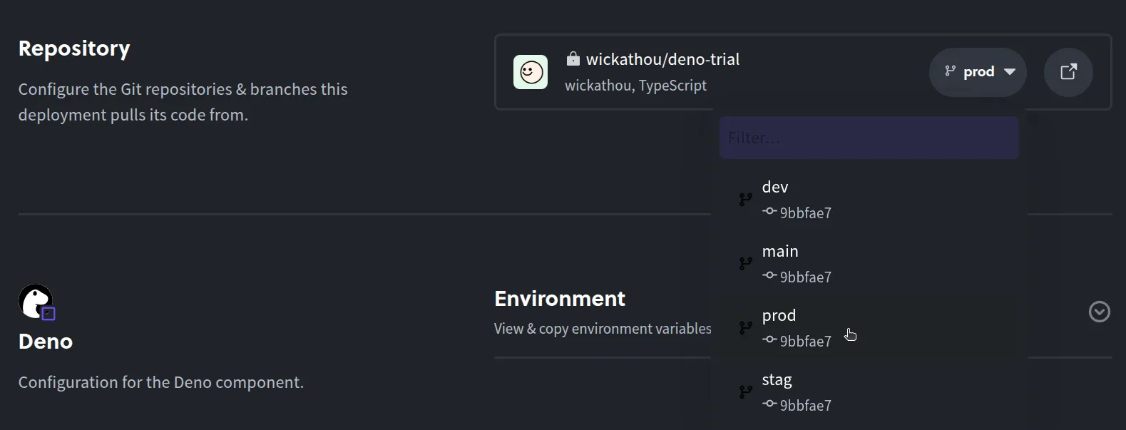 Selecting a branch for Deno