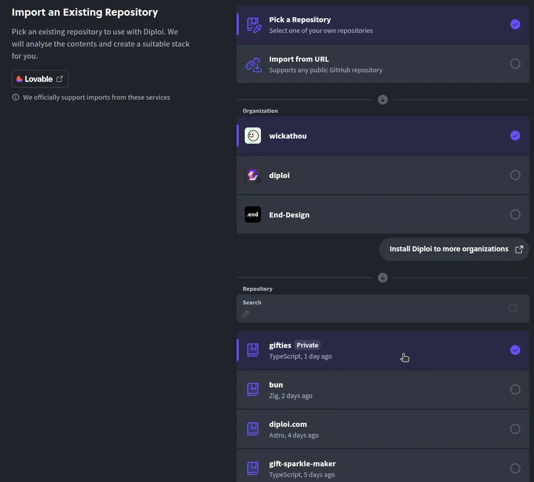 Selecting a repository from own list of repos
