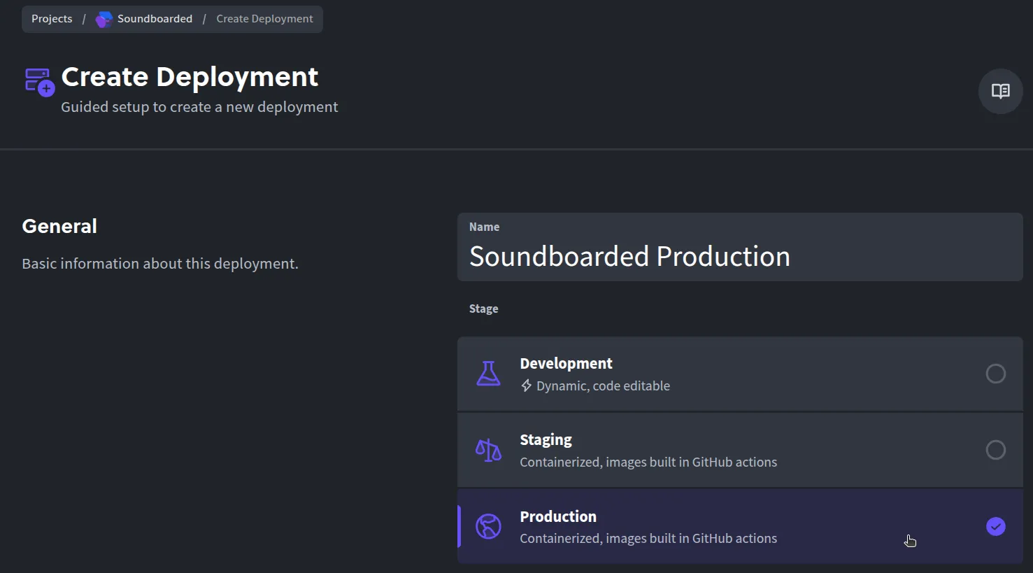 Selecting the Production stage for a new deployment