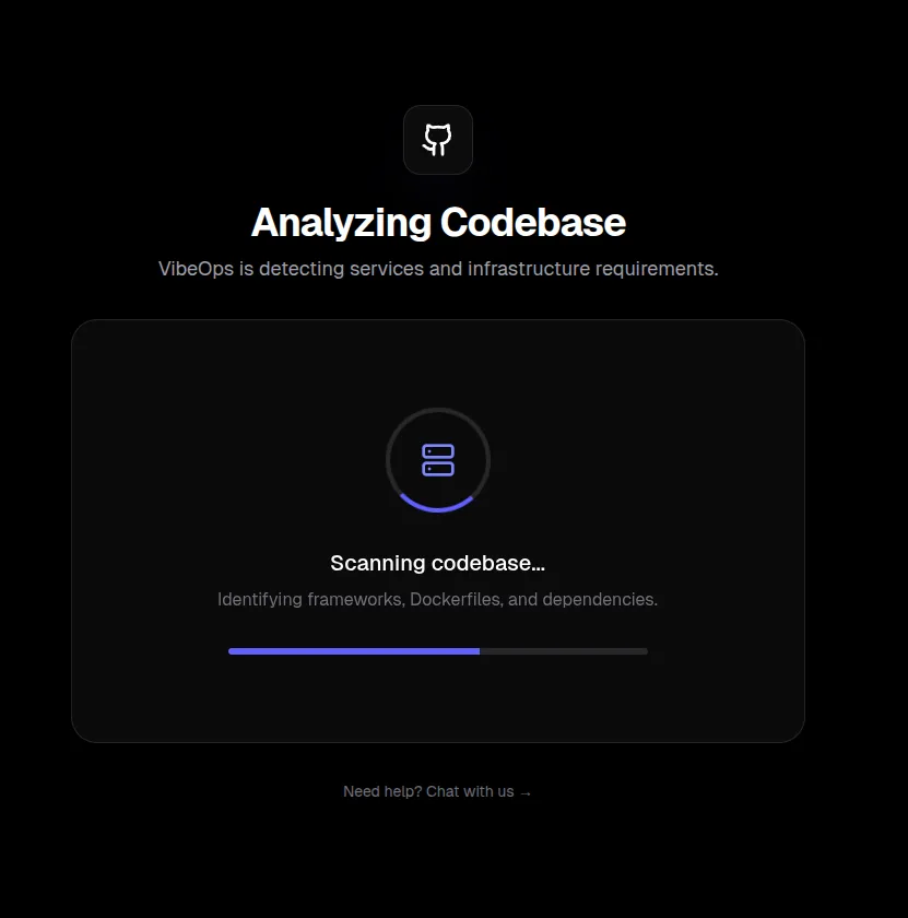 VibeOps analyzing an app to deploy it